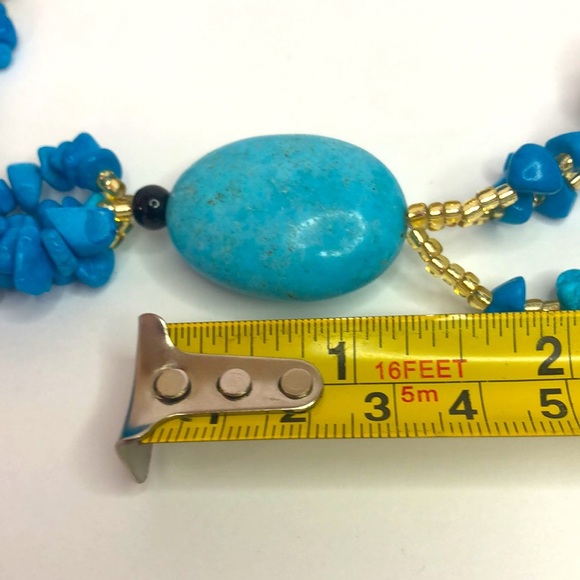 Boho Blue Turquoise And Onyx Gemstone Bead Necklace 28” Long - Picture 6 of 6